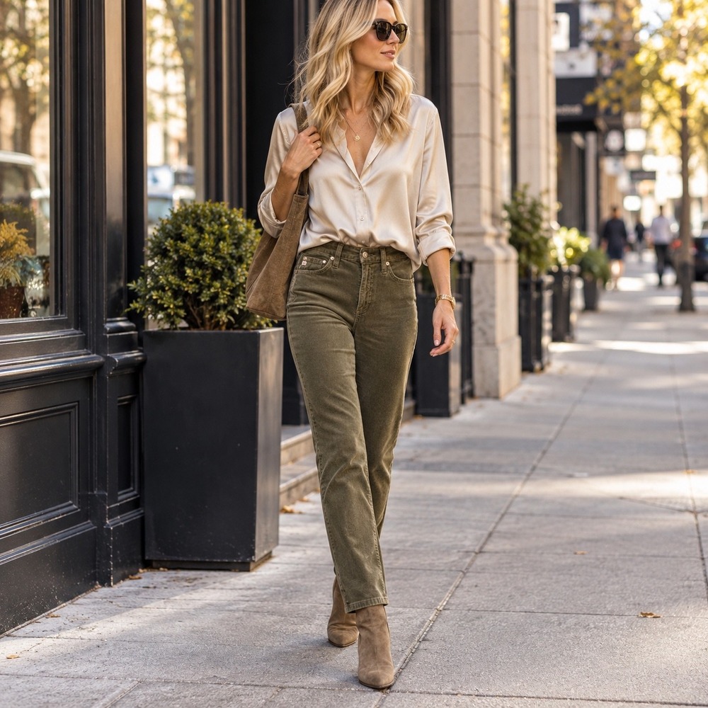 AG Adriano Goldschmied Mari Corduroy 24 Olive Green High Rise Slim Straight